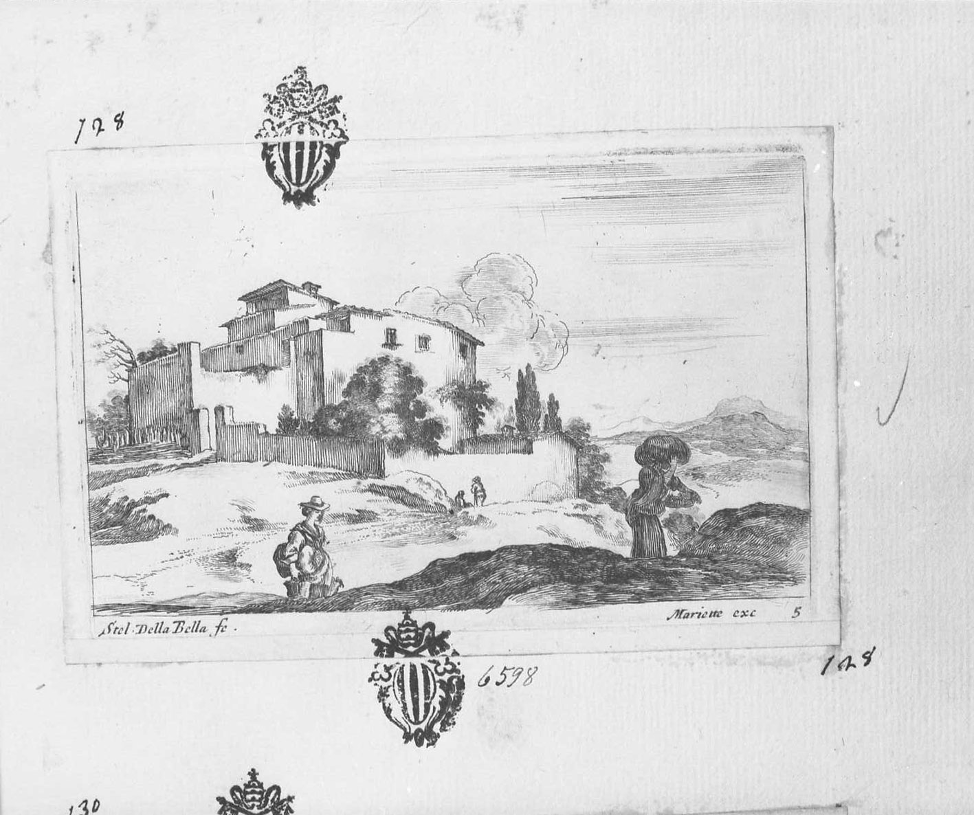 Diversi paesaggi: due contadini che portano pacchi e panieri, figure (stampa tagliata) di Della Bella Stefano (sec. XVII)