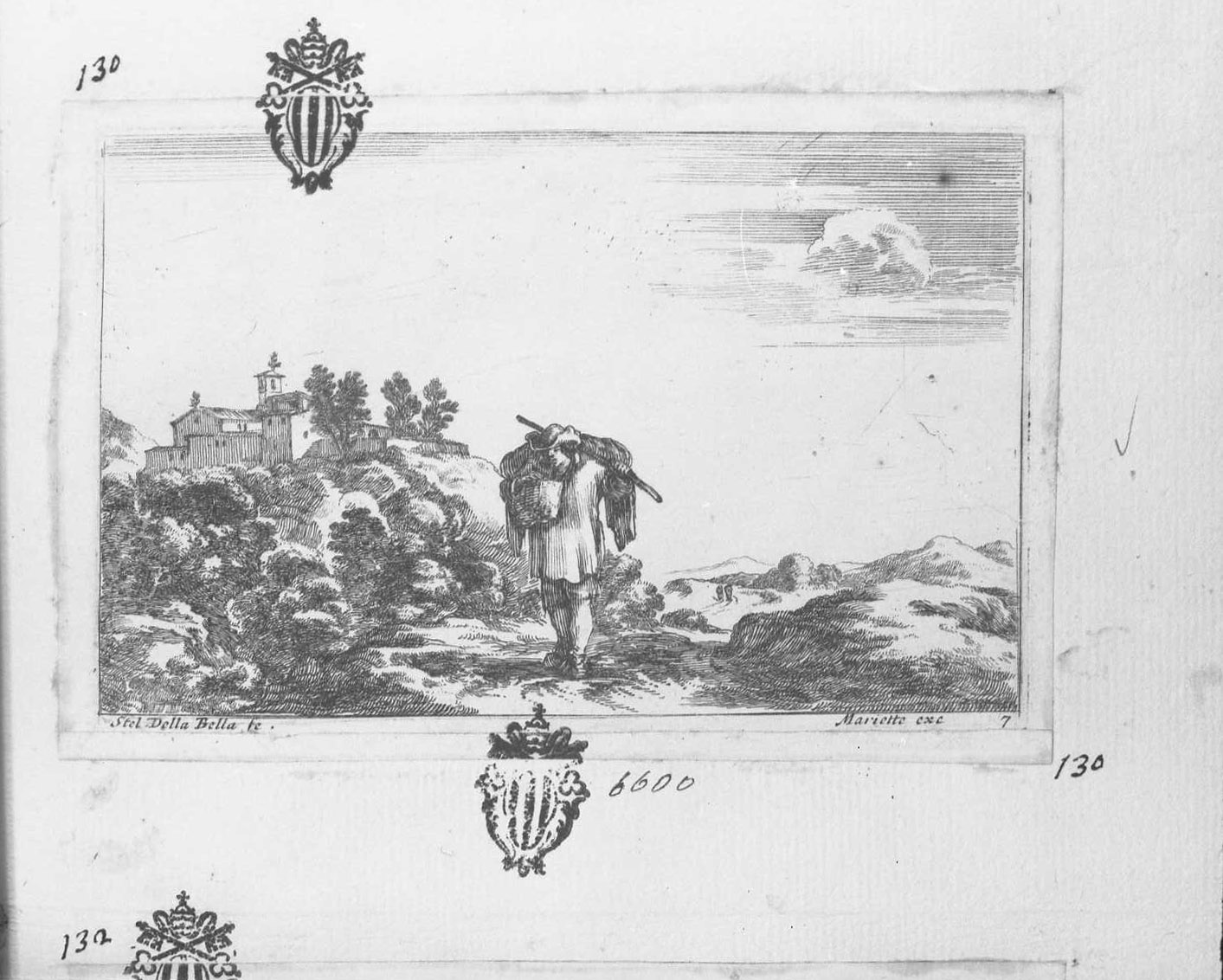 Diversi paesaggi: contadino che porta un fardello, figura maschile (stampa tagliata) di Della Bella Stefano (sec. XVII)