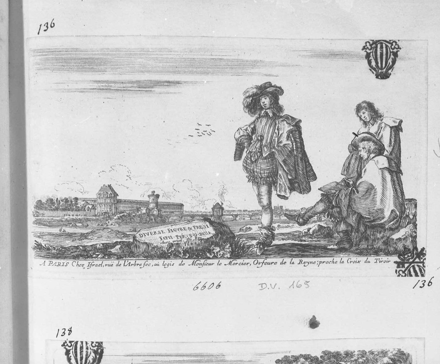 Diverse figure e paesi: frontespizio, tre gentiluomini, figure (stampa tagliata) di Della Bella Stefano (sec. XVII)