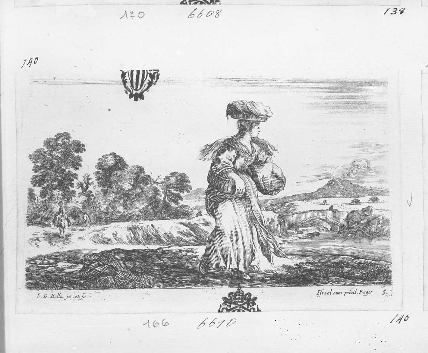 Diverse figure e paesi: donne con paniere sul capo, figure femminili (stampa tagliata) di Della Bella Stefano (sec. XVII)