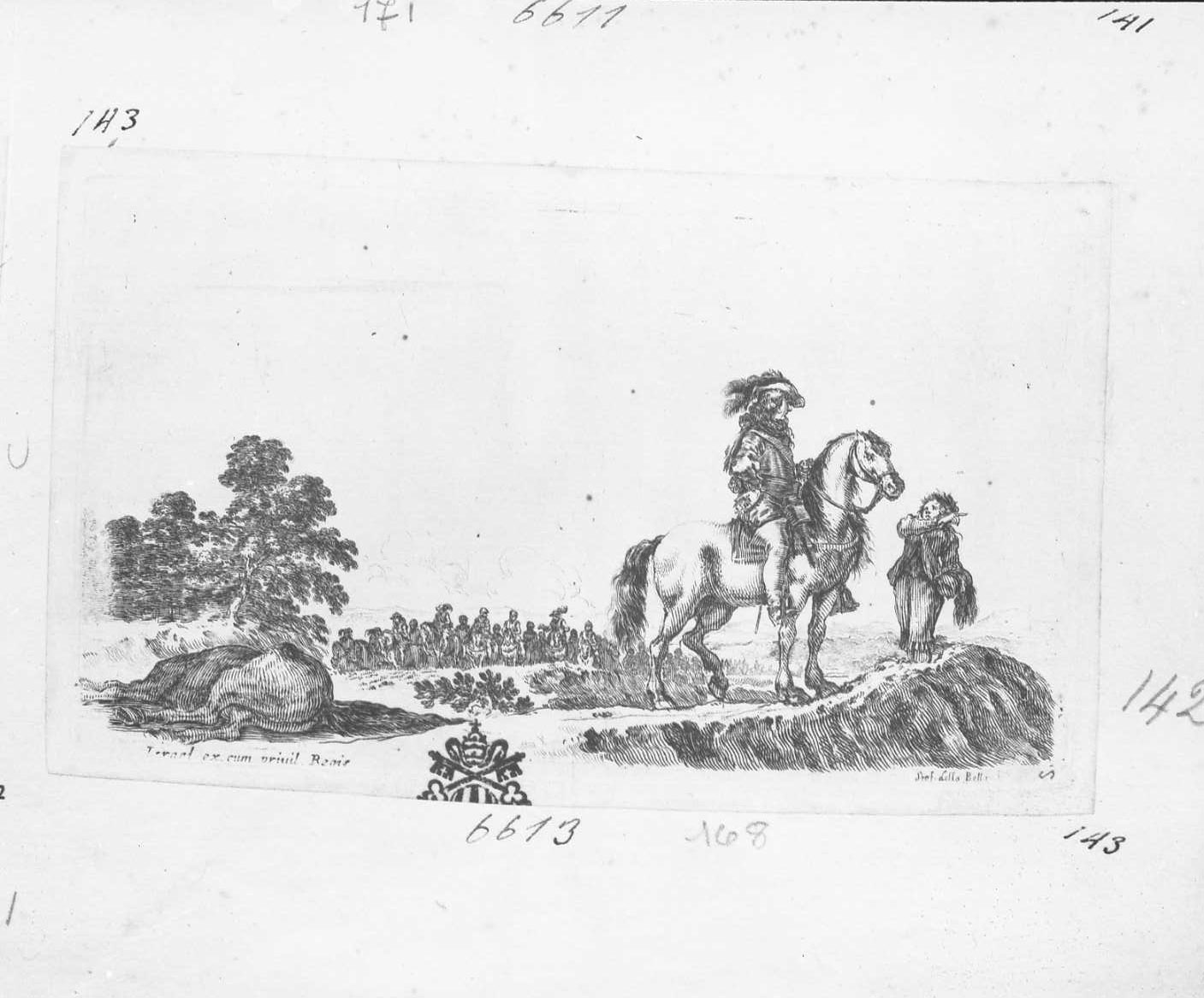 Diverse figure e paesi: cavaliere volto a destra, figura maschile (stampa tagliata) di Della Bella Stefano (sec. XVII)