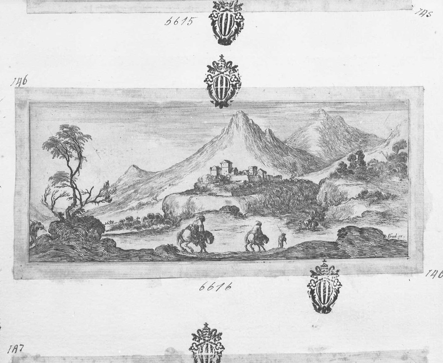 Diversi paesaggi: fortezza posta sui contrafforti di alti monti, paesaggi (stampa tagliata) di Della Bella Stefano (sec. XVII)