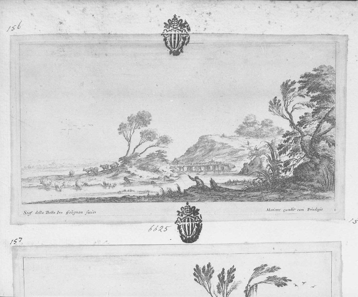 Seconda serie di paesaggi: pescatore seduto sulla riva, figura maschile (stampa tagliata) di Collignon Francois (sec. XVII)
