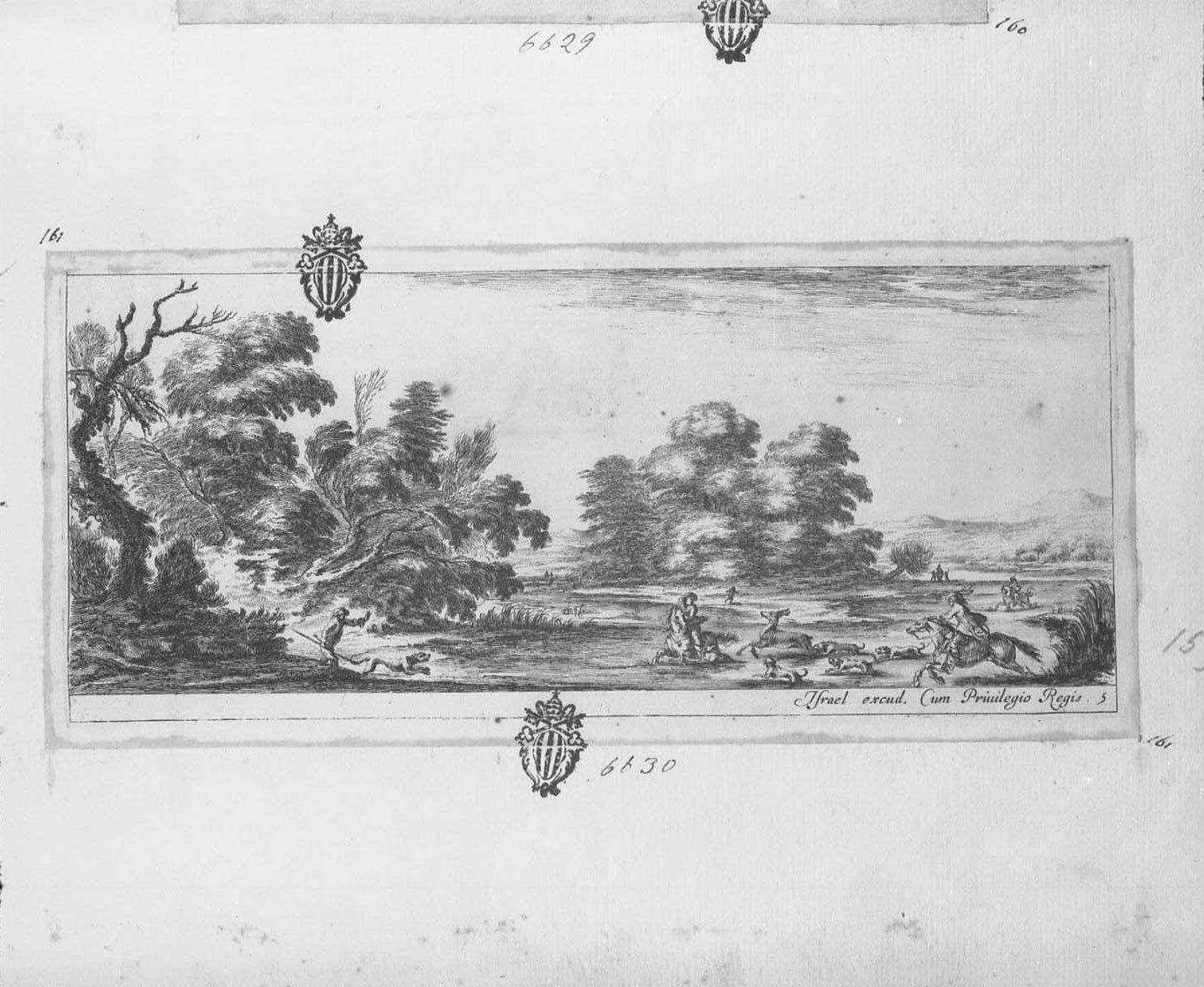 Caccia al cervo, figure (stampa tagliata) di Della Bella Stefano (sec. XVII)