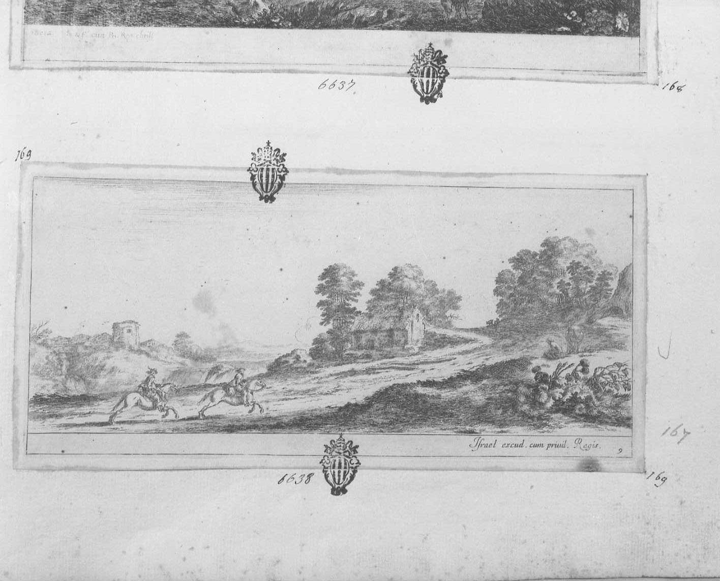 Due cavalieri cavalcano verso destra, figure (stampa tagliata) di Della Bella Stefano (sec. XVII)