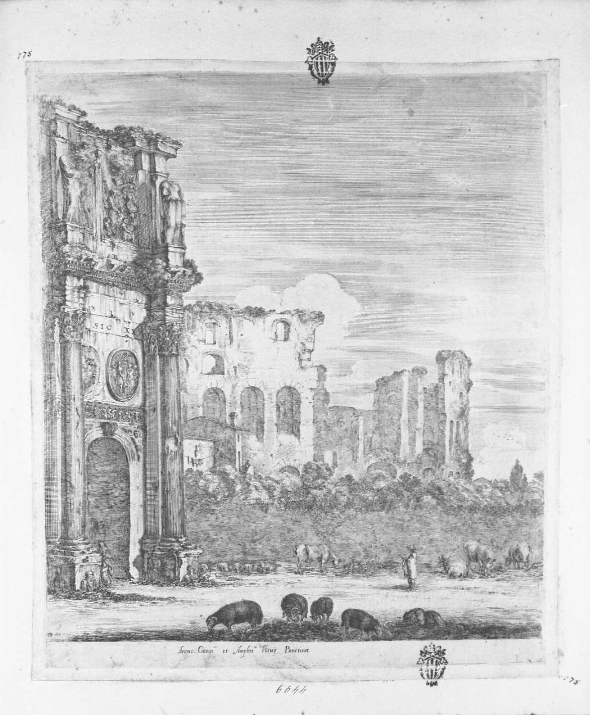 L'arco di Costantino, figure (stampa tagliata) di Della Bella Stefano (sec. XVII)