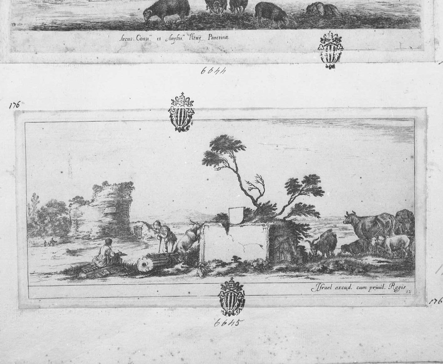 Pastore in piedi presso un disegnatore, figure (stampa tagliata) di Della Bella Stefano (sec. XVII)