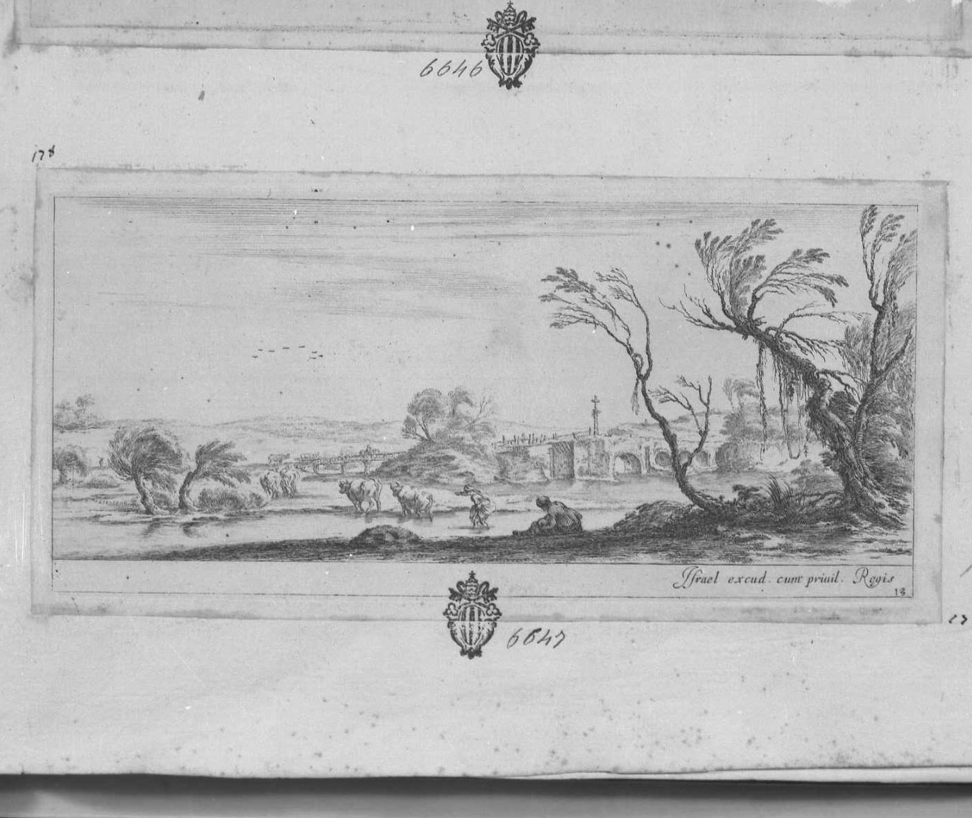 Contadina che si toglie le calze per guadare il fiume, figura femminile (stampa tagliata) di Della Bella Stefano (sec. XVII)