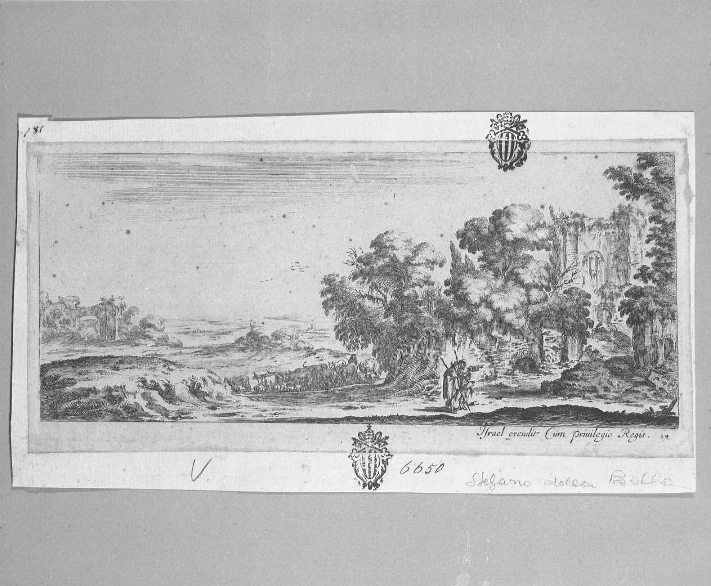 Due pellegrini guardano le rovine, figure (stampa tagliata) di Della Bella Stefano (sec. XVII)