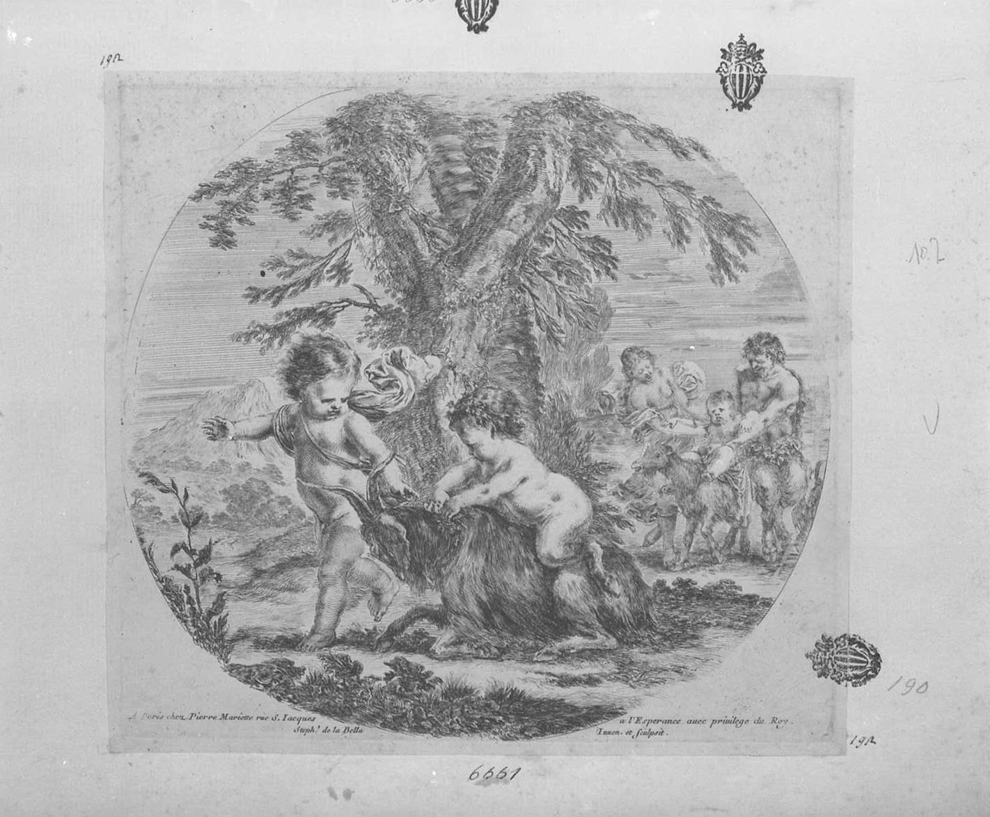 Due fanciulli giocano con una capra, figure (stampa tagliata) di Della Bella Stefano (sec. XVII)