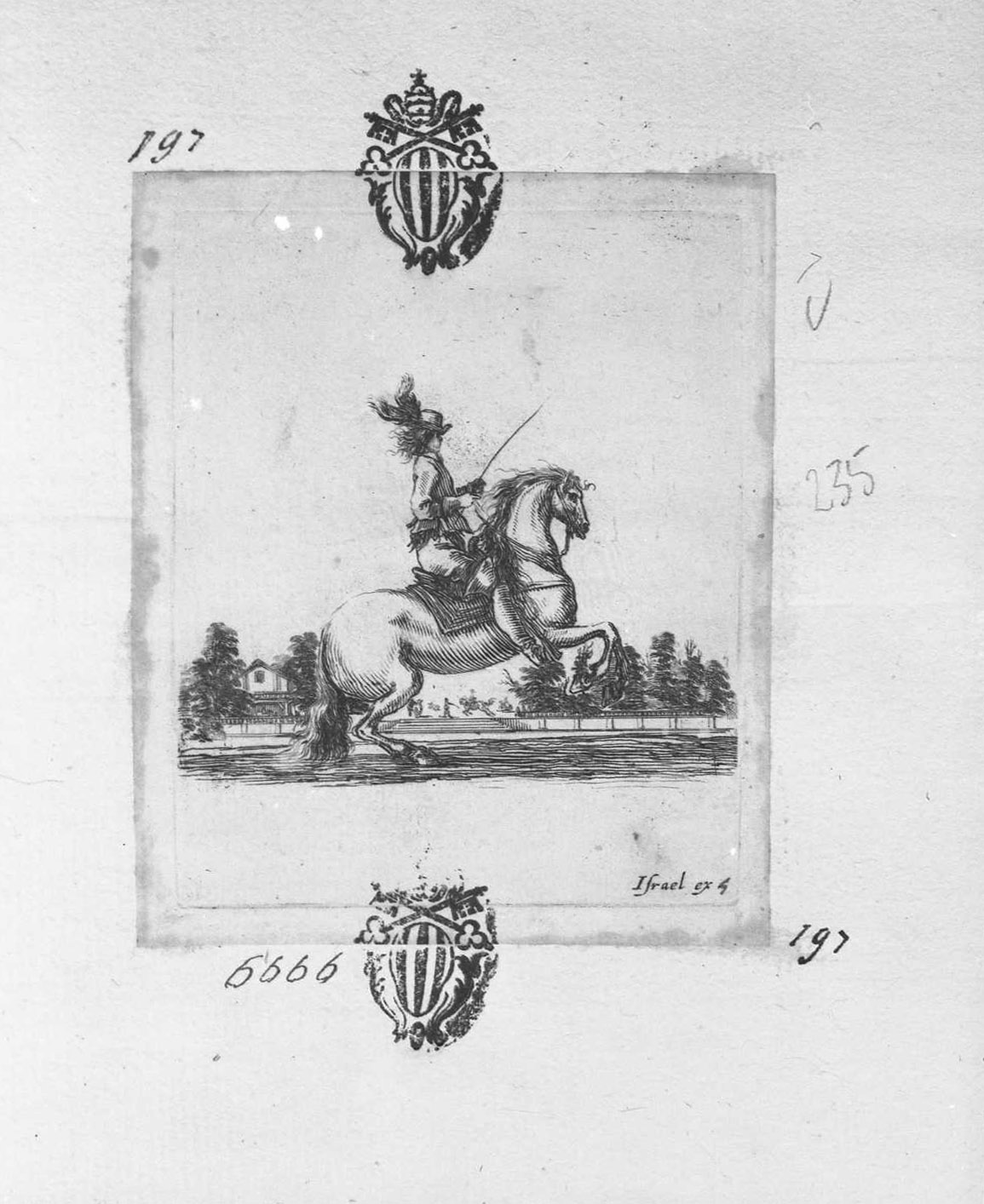 Diversi esercizi di cavalleria: cavaliere che fa caracollare il cavallo, figure (stampa tagliata) di Della Bella Stefano (sec. XVII)