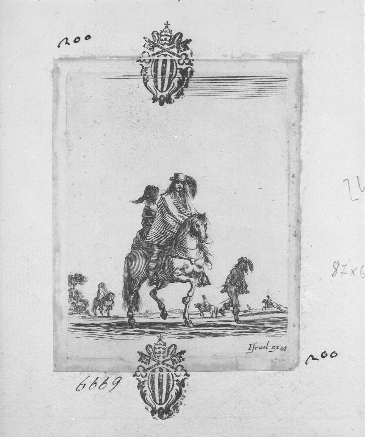 Diversi esercizi di cavalleria: cavaliere con una donna in groppa, figure (stampa tagliata) di Della Bella Stefano (sec. XVII)