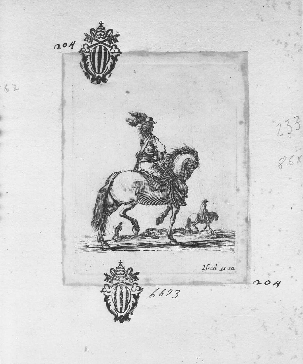 Diversi esercizi di cavalleria: cavaliere al passo verso destra, figure (stampa tagliata) di Della Bella Stefano (sec. XVII)