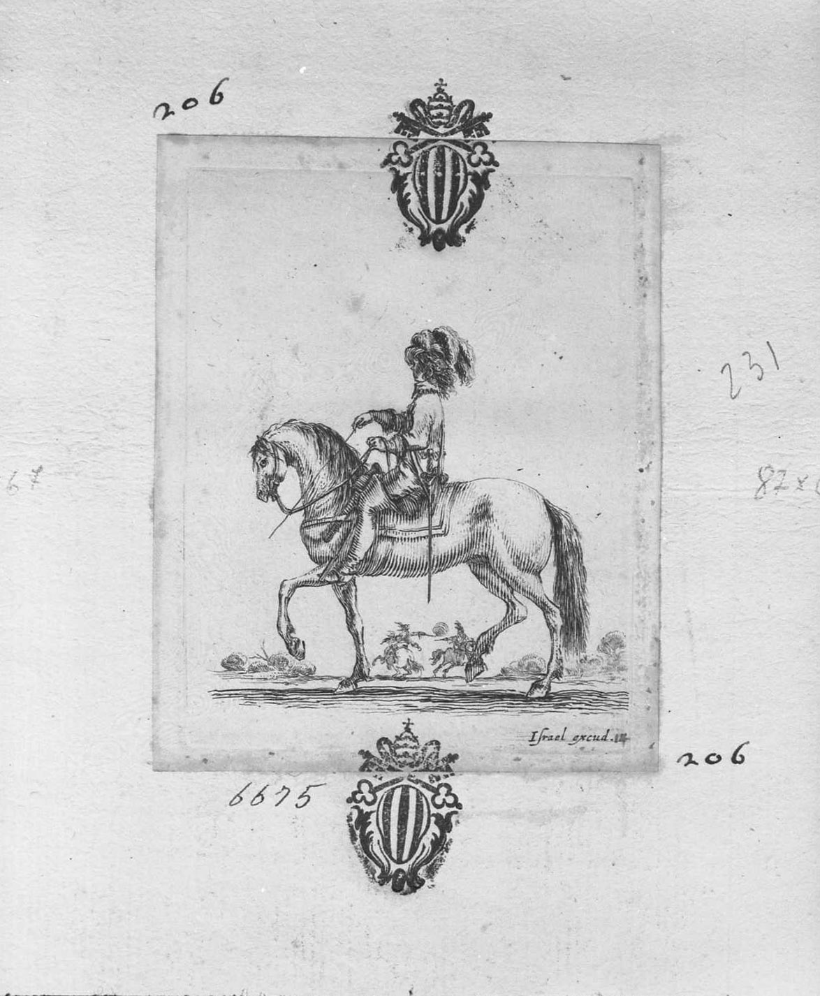 Diversi esercizi di cavalleria: cavaliere al passo verso sinistra, figure (stampa tagliata) di Della Bella Stefano (sec. XVII)