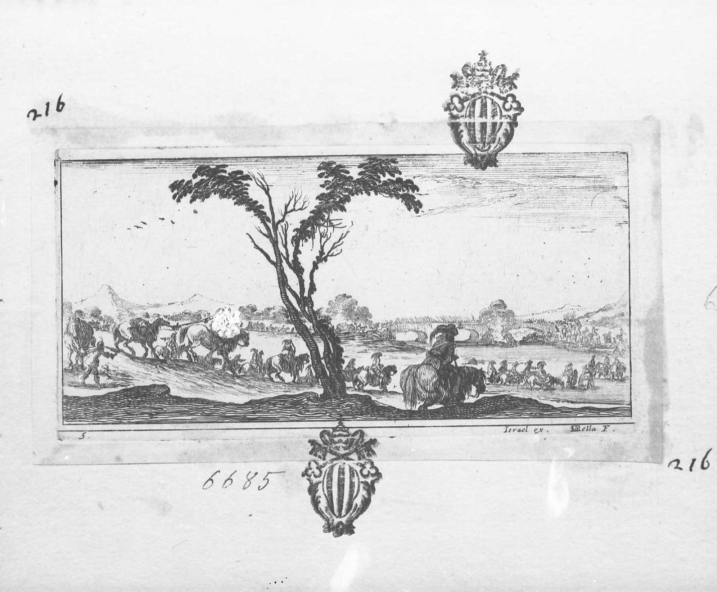 Disegni di alcune operazioni militari: cavalieri che guardano il fiume, figure (stampa tagliata) di Della Bella Stefano (sec. XVII)