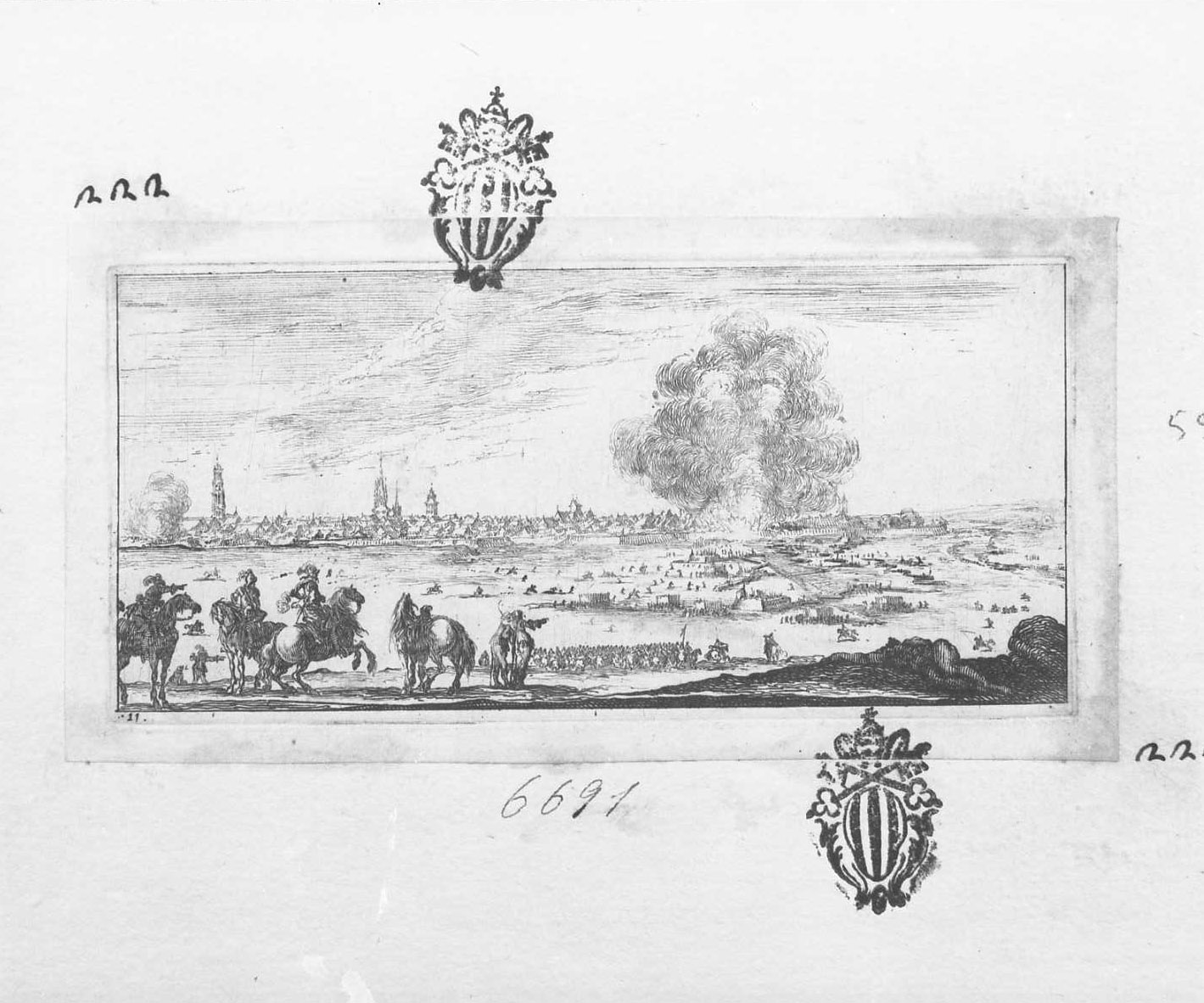 Disegni di alcune operazioni militari: scoppio di una polveriera in una città assediata, vedute (stampa tagliata) di Della Bella Stefano (sec. XVII)