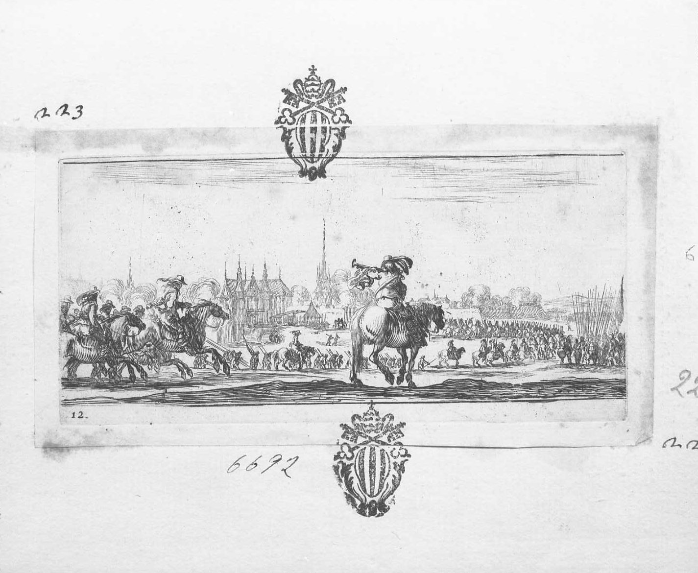 Disegni di alcune operazioni militari: truppe che sfilano per entrare in una città assediata, figure (stampa tagliata) di Della Bella Stefano (sec. XVII)