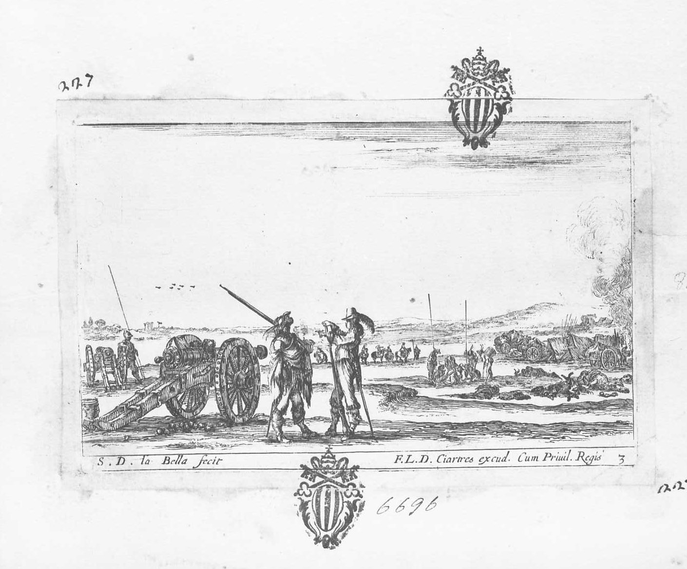 Capricci militari: ufficiale che dà ordini ad una sentinella, figure (stampa tagliata) di Della Bella Stefano (sec. XVII)