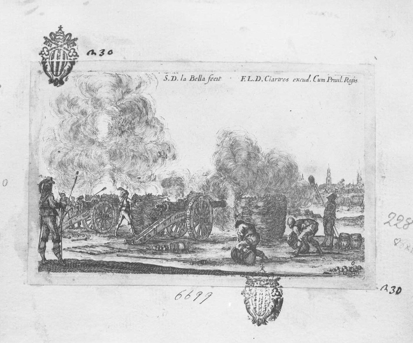 Capricci militari: batteria di cannoni che spara verso una città, armi (stampa tagliata) di Della Bella Stefano (sec. XVII)