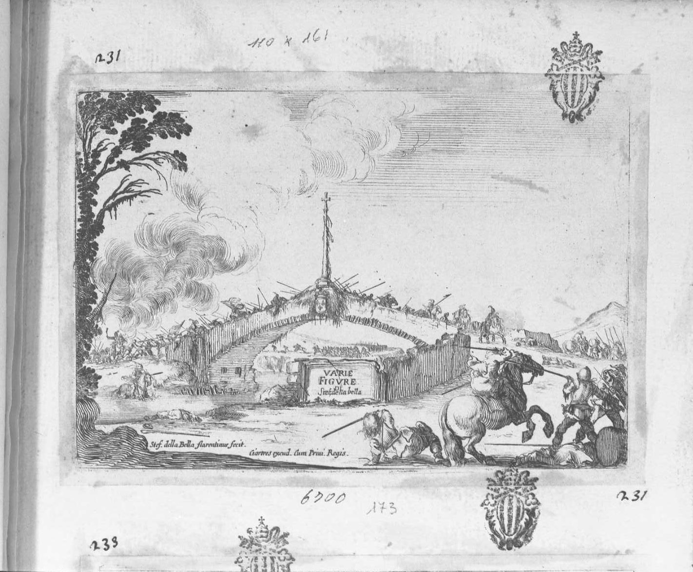 Varie figure: frontespizio, combattimento su di un ponte, libri (stampa tagliata) di Della Bella Stefano (sec. XVII)