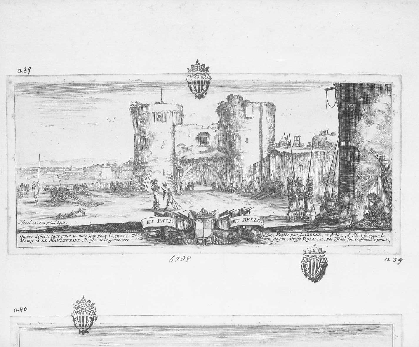 Diversi disegni sia per la pace che per la guerra: frontespizio, ingresso ad una fortezza, attività umane (stampa tagliata) di Della Bella Stefano (sec. XVII)