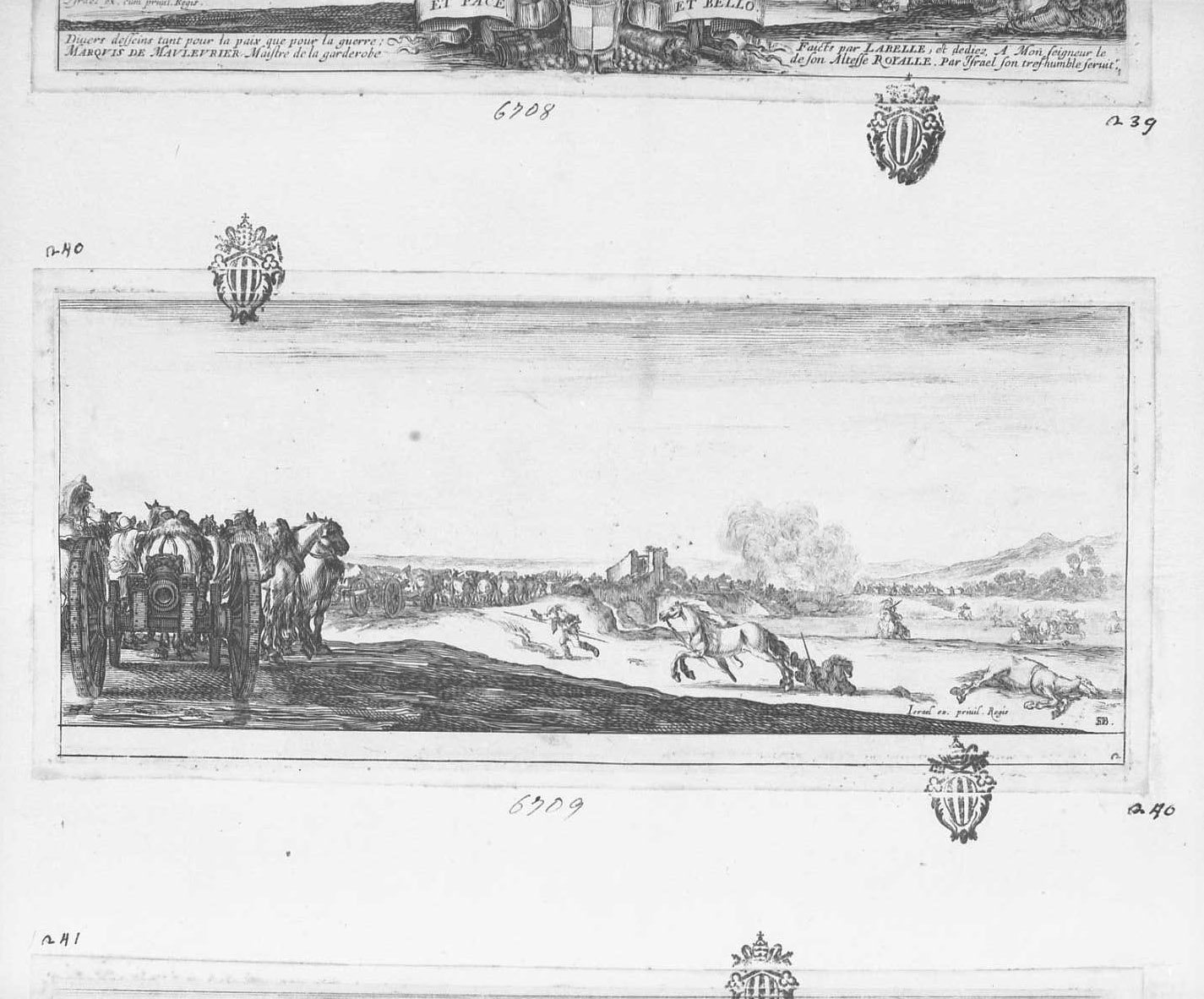 Diversi disegni sia per la pace che per la guerra: traino di cannoni, armi (stampa tagliata) di Della Bella Stefano (sec. XVII)