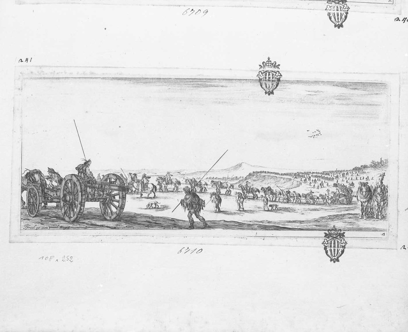 Diversi disegni sia per la pace che per la guerra: traino di cannoni, attività umane (stampa tagliata) di Della Bella Stefano (sec. XVII)