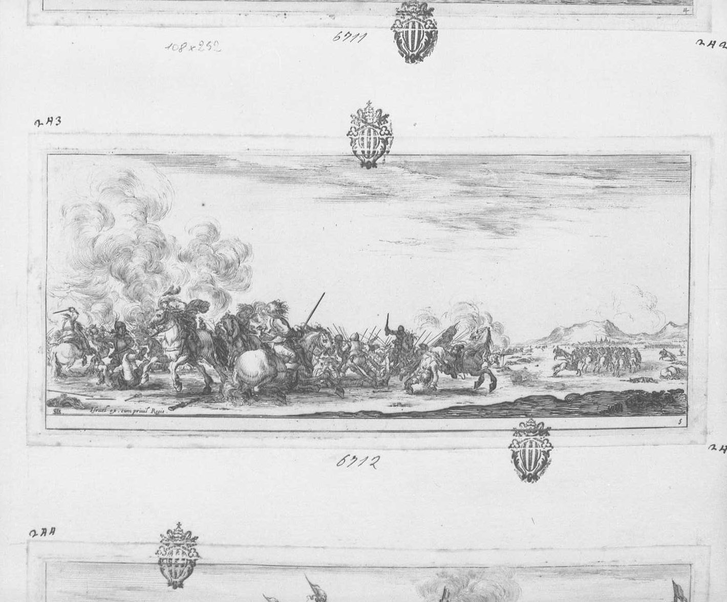 Diversi disegni sia per la pace che per la guerra: scontro di cavalleria, attività umane (stampa tagliata) di Della Bella Stefano (sec. XVII)