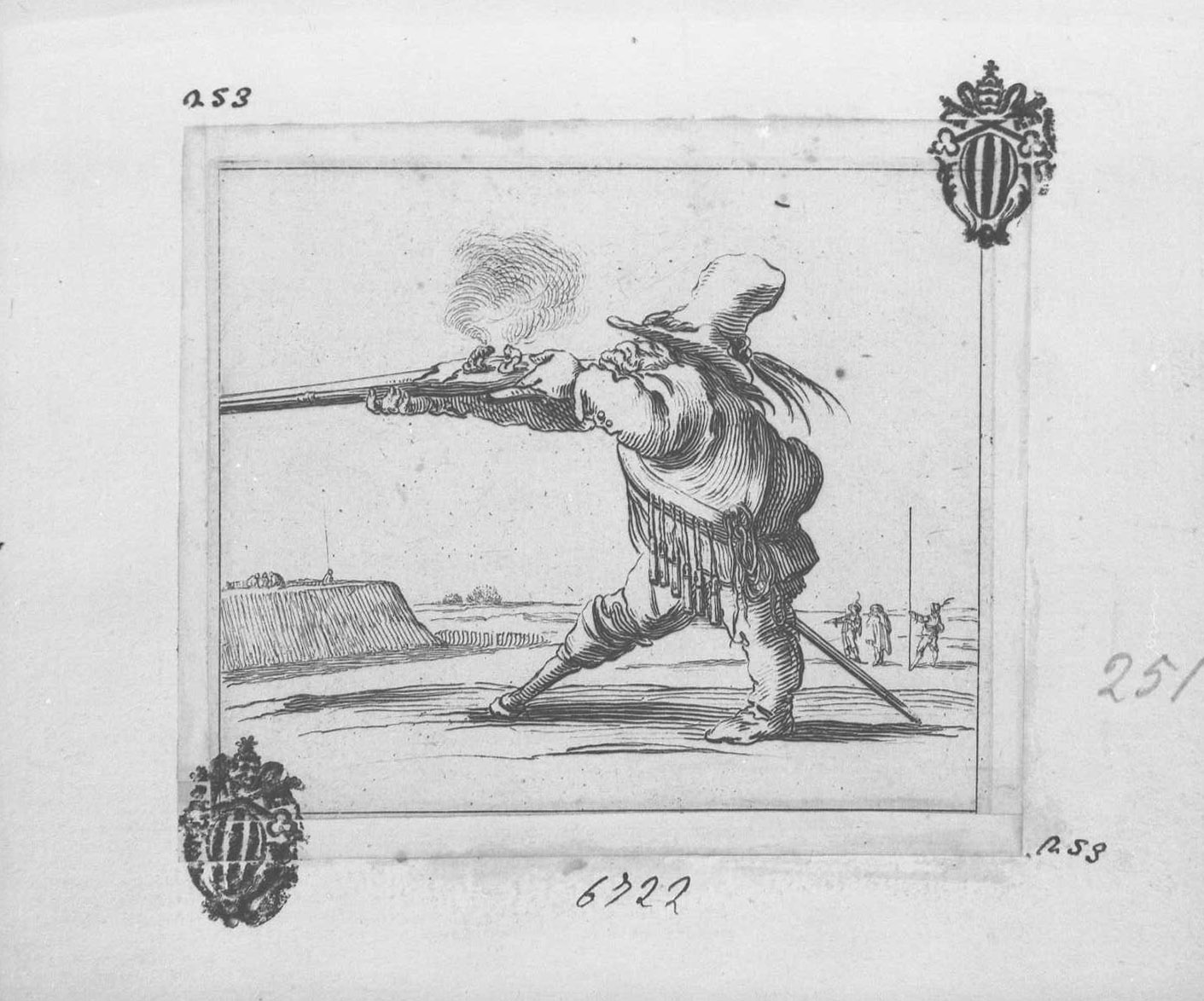 inventions d'amour et de guera: l'archibugiere, figura maschile (stampa tagliata) di Collignon Francois (sec. XVII)