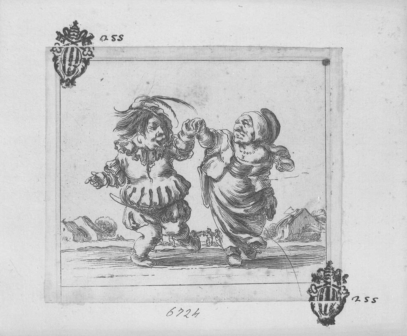 inventions d'amour et de guera: giovane uomo che gioca con una vecchia, figure (stampa tagliata) di Collignon Francois (sec. XVII)