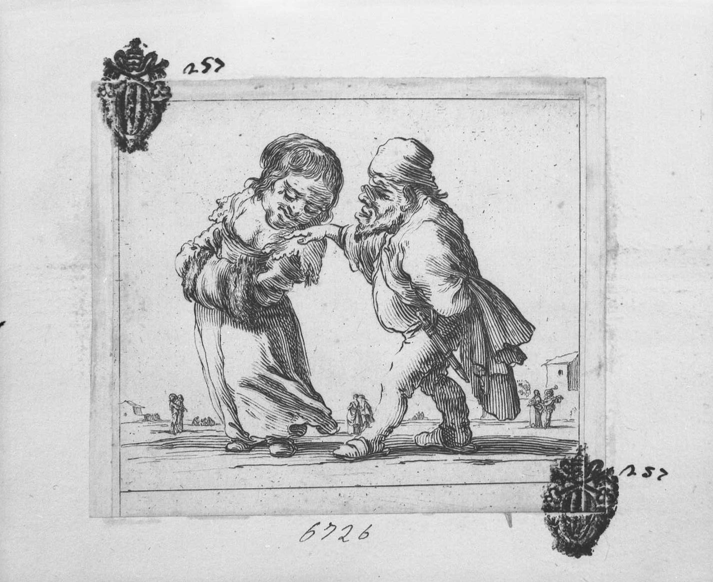 inventions d'amour et de guera: nano che tocca il seno ad una giovane, figure (stampa tagliata) di Collignon Francois (sec. XVII)