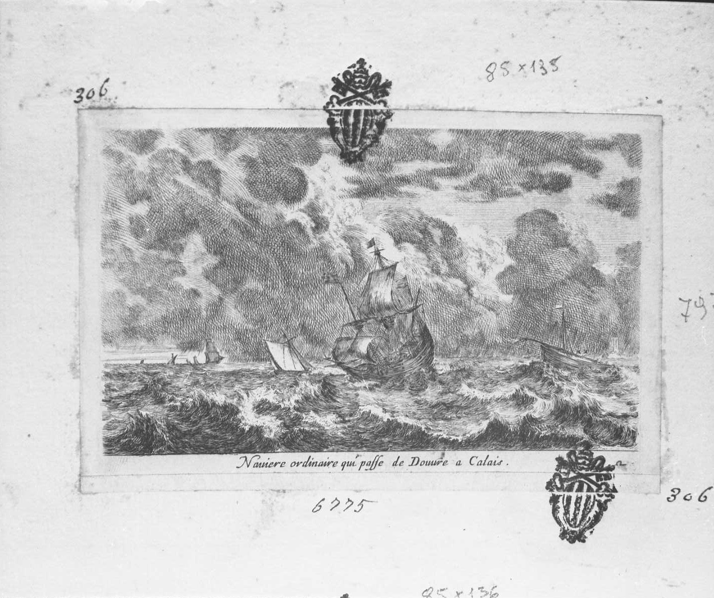 Vedute di porti di mare: battelli in tempesta, fenomeni metereologici (stampa tagliata) di Della Bella Stefano (sec. XVII)
