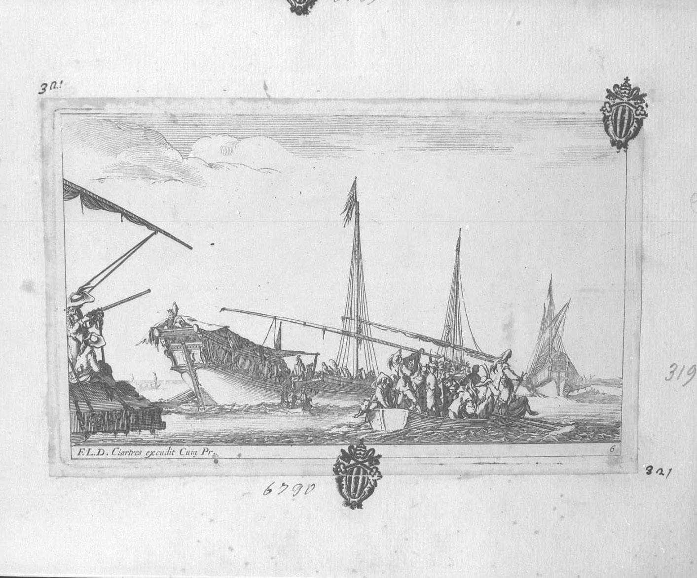Serie di otto marine incise nel 1634: scialuppa piena di uomini che vanno ad imbarcarsi, figure (stampa tagliata) di Della Bella Stefano (sec. XVII)