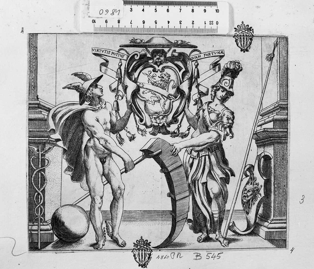 Stemma cardinalizio con Mercurio e una Dea in armatura (stampa smarginata) di Brizio Francesco (secc. XVI/ XVII)