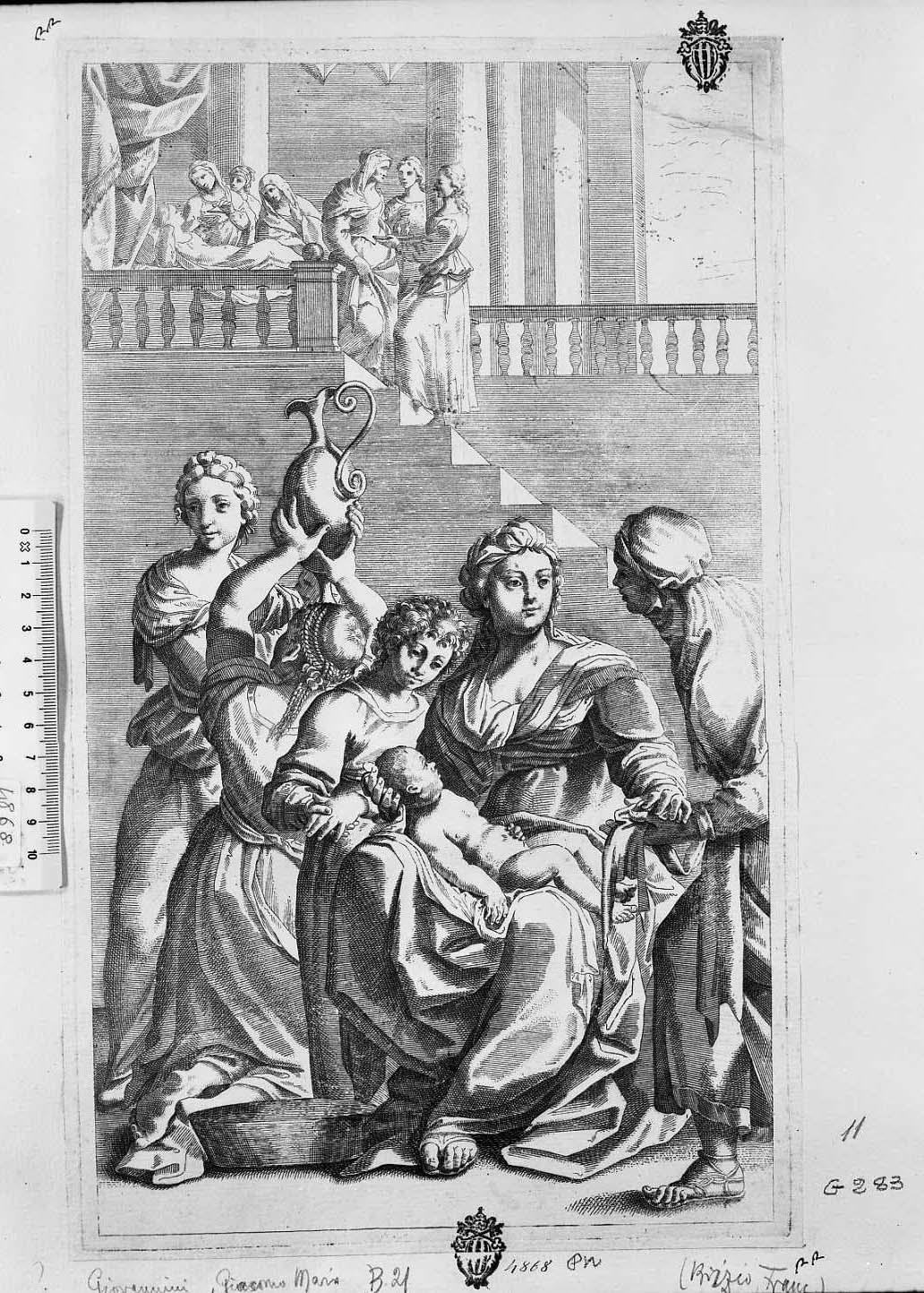 San Benedetto sulle ginocchia della levatrice (stampa) di Giovannini Giacomo, Brizio Francesco (secc. XVII/ XVIII)