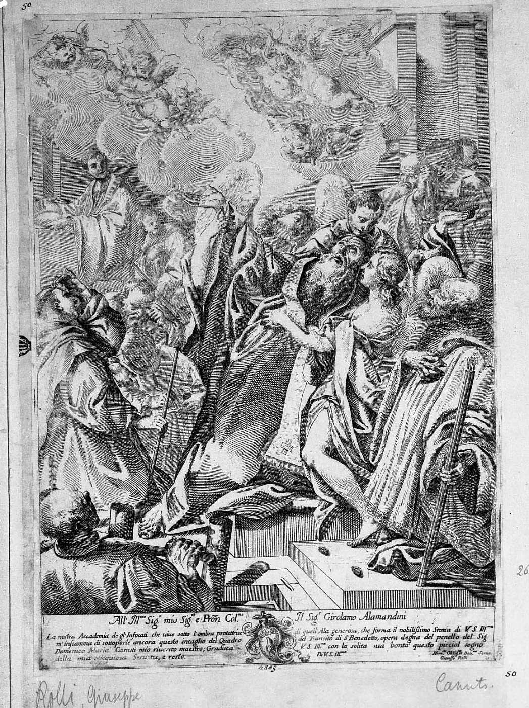 San Benedetto moribondo (stampa) di Canuti Domenico Maria, Rolli Giuseppe Maria (secc. XVII/ XVIII)