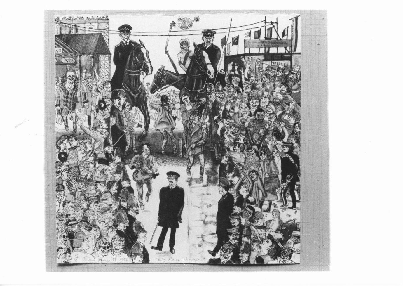 Folla con fantino e guardie a cavallo (stampa) di Hewitt John (sec. XX)