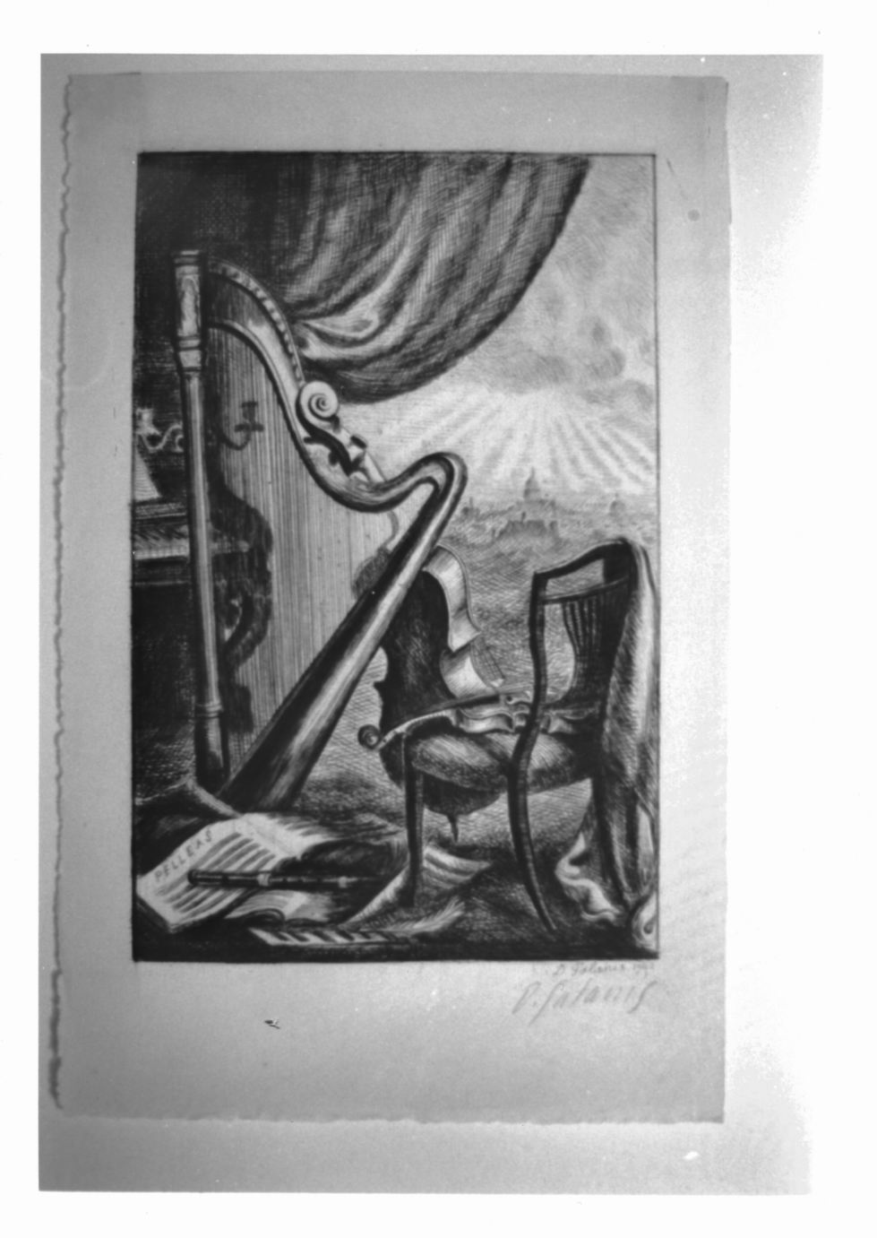 Pélleas et Mélisande, Interno con sedia, strumenti musicali e veduta di città sul fondo (stampa) di Galanis Dimitri (sec. XX)