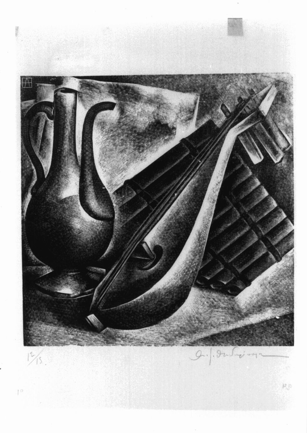 Natura morta con brocca, mandolino, flauto (stampa) di Teodoropoulos Angelo (sec. XX)