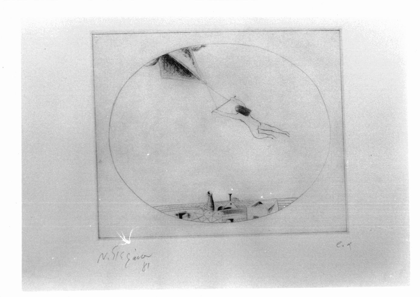 Figura femminile in volo trainata da aquilone (stampa) di Stefánou Nikos (sec. XX)