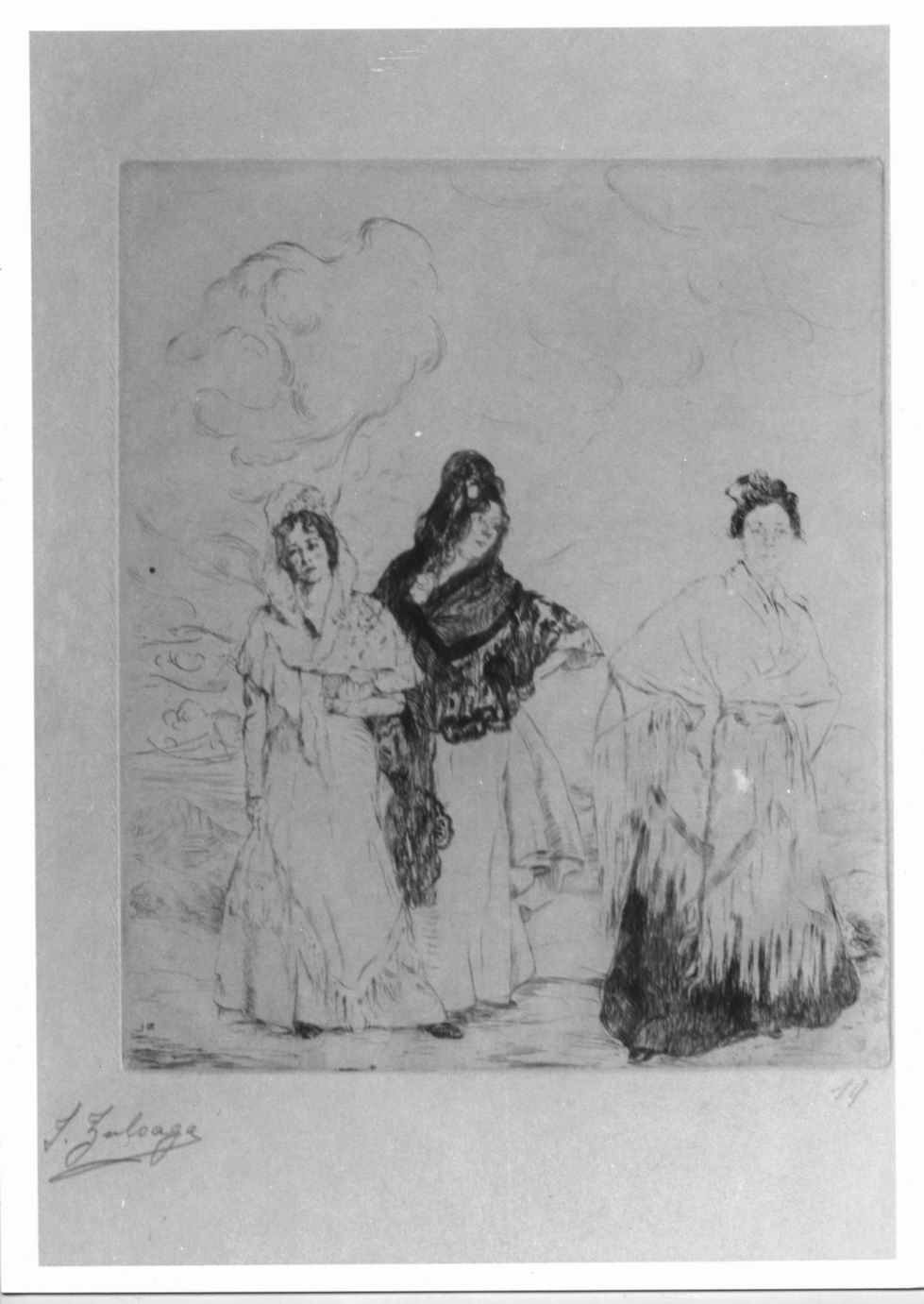 Manolas, Tre figure femminili in abito spagnolo (stampa) di Zuloaga Ignacio (sec. XIX)