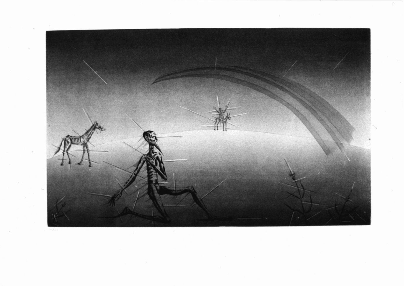 Don Chisciotte e Sancio Pancia in paesaggio con arcobaleno (stampa a colori, elemento d'insieme) di Ponç Joan (sec. XX)