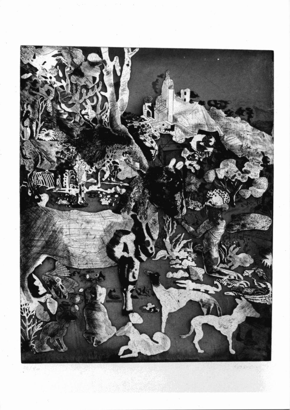 Paesaggio con figura e animali (stampa) di Castillo Jorge (sec. XX)