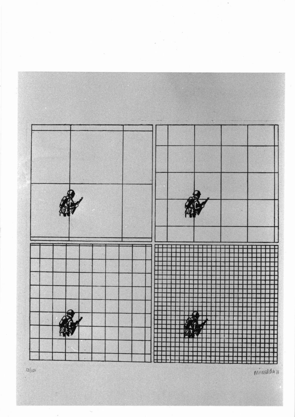 Soldats soldés I, Composizione con reticolato e figura di soldato iterata (stampa) di Miralda Antoni (sec. XX)