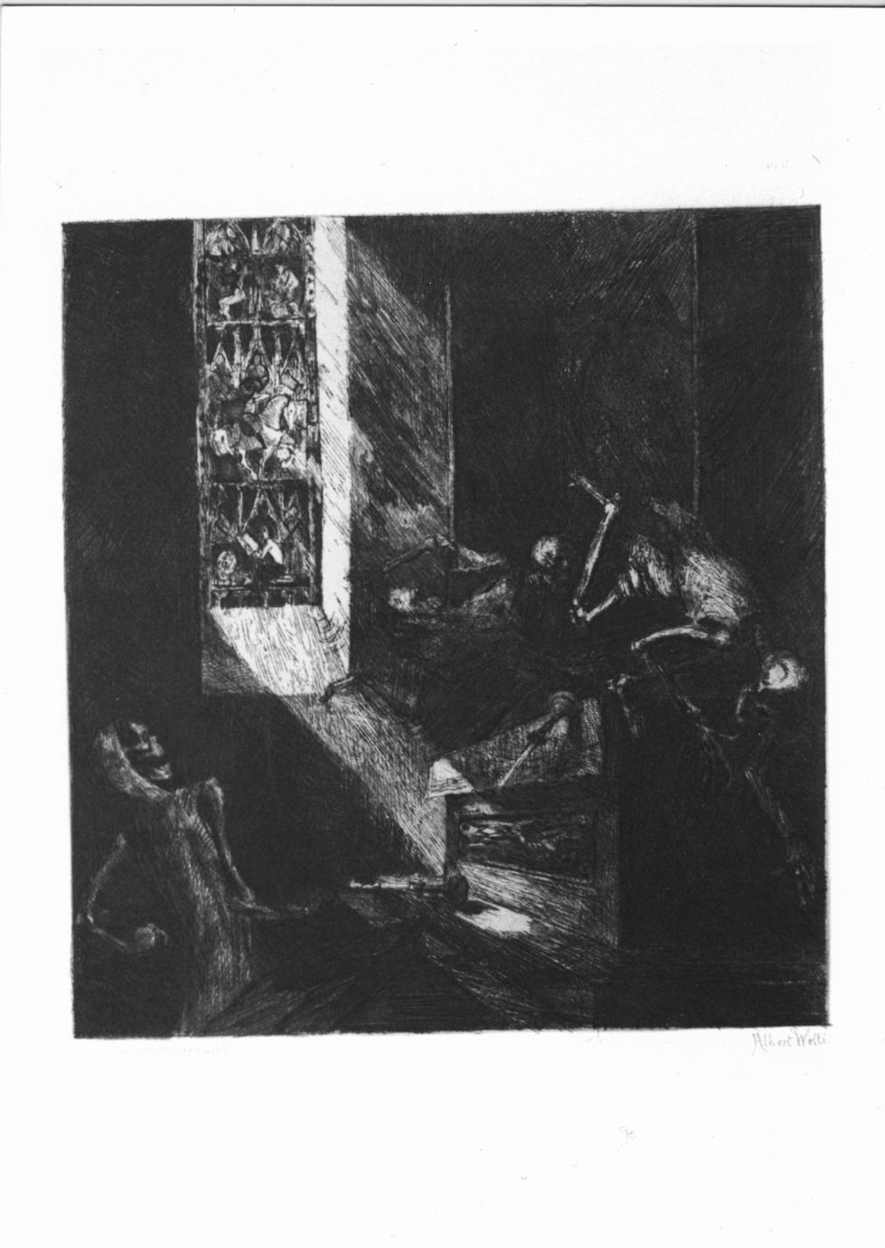 Danza di scheletri all'interno di una chiesa (stampa) di Welti Albert (sec. XIX)