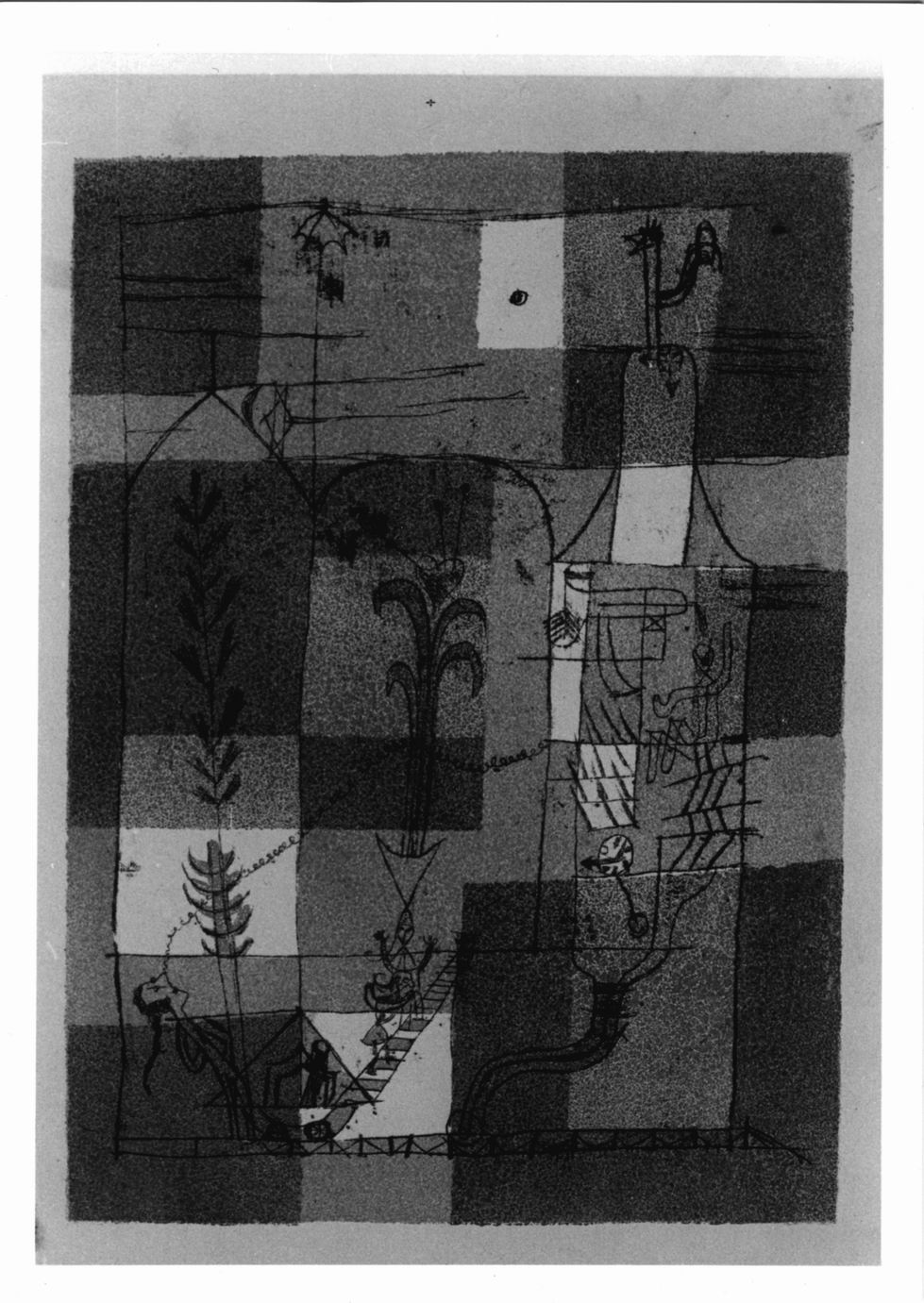 Casa e figure al tratto su sfondo geometrico (stampa a colori) di Klee Paul (sec. XX)