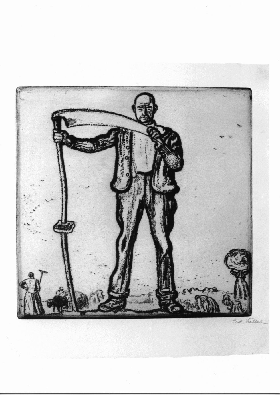 Le faucher, Falciatore in paesaggio agreste con contandini (stampa) di Vallet Edouard (sec. XX)