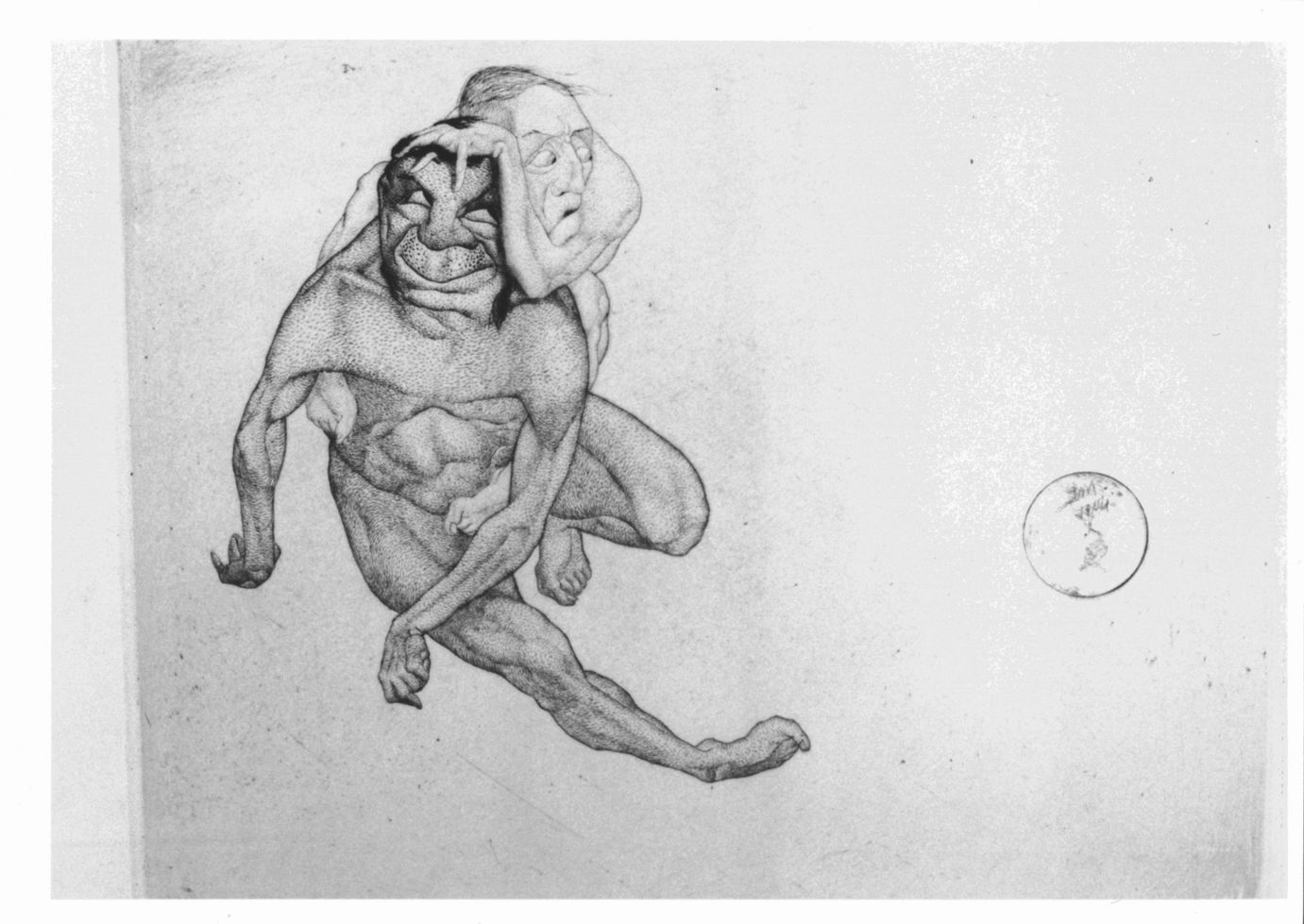 Der mensch von dämonen gepeinigt, Figura maschile con mostro avvinghiato alle sue spalle (stampa) di Moillet Louis (sec. XX)