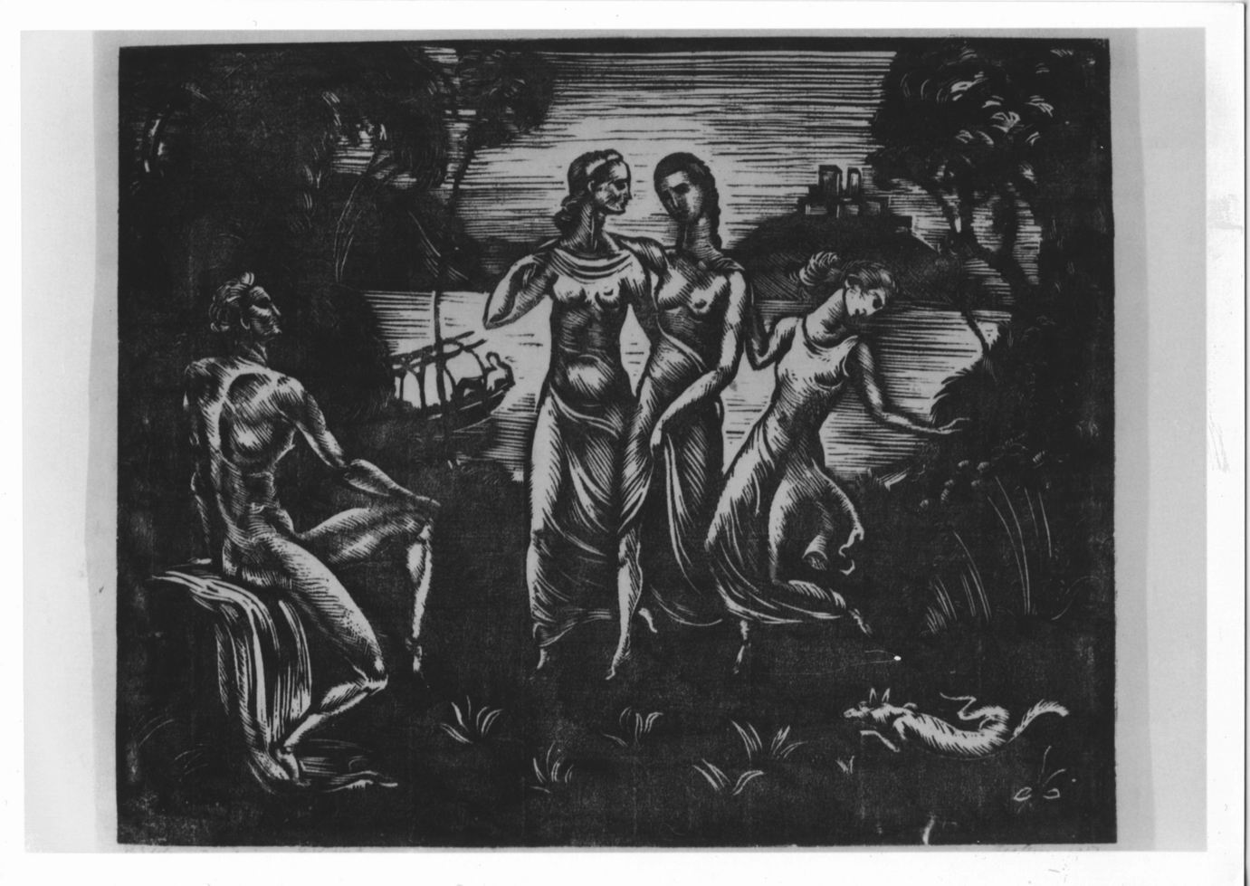 Uomo seduto che contempla tre giovani donne (stampa) di Glinz Theo (sec. XX)