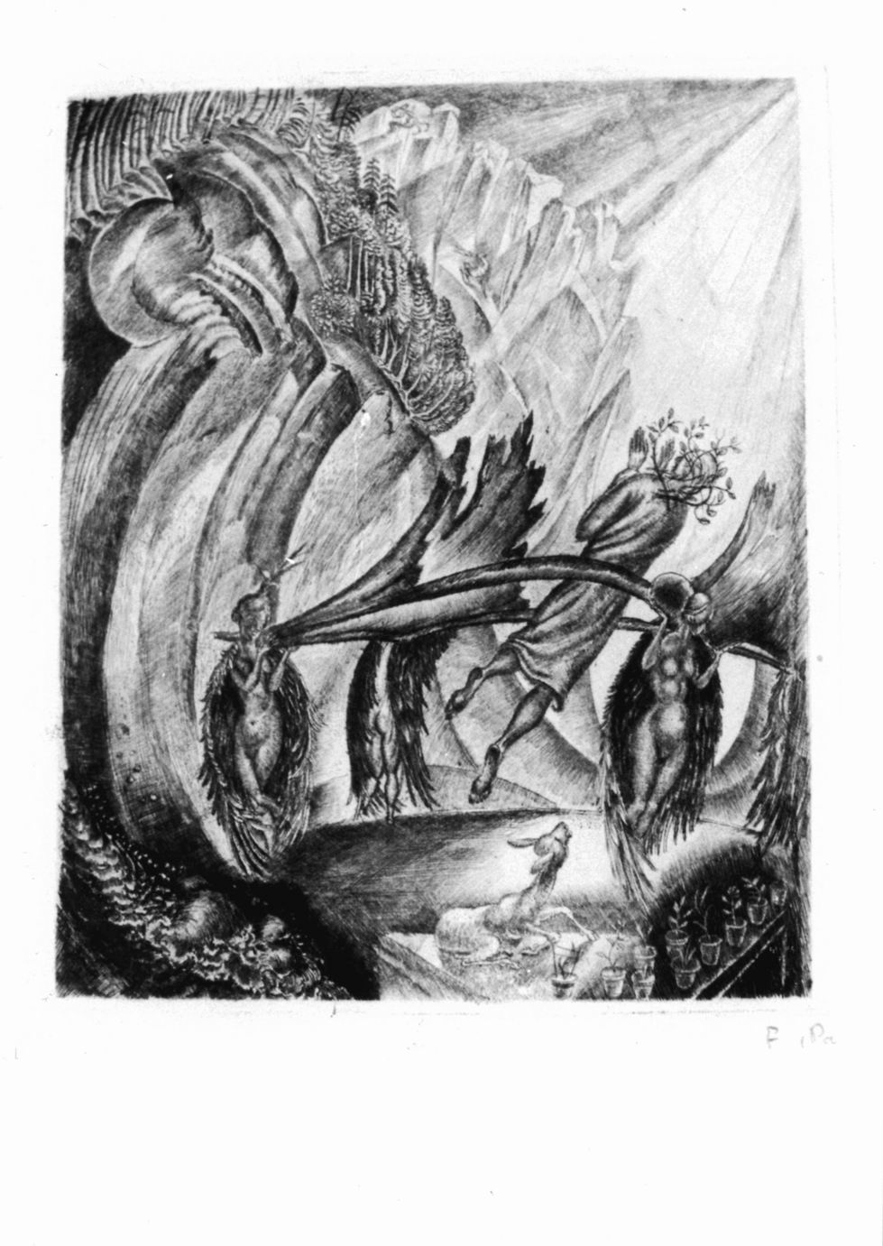 Tre figure femminili alate che sollevano verso l'alto un uomo incoronato d'alloro (stampa di invenzione ritoccata a mano) di Pauli Fritz (sec. XX)